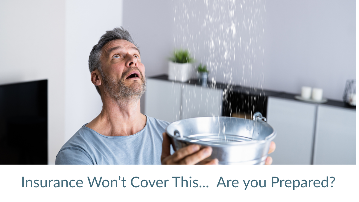 Man holding bucket under leaking ceiling, looking worried — illustrating unexpected repair costs landlords might face.