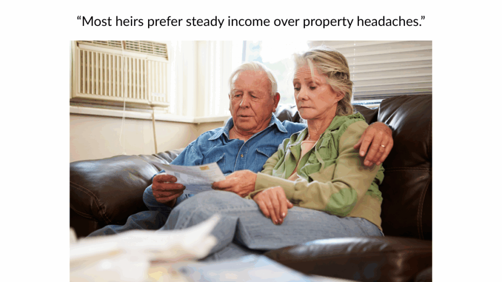“Older couple stressed about rental property paperwork, highlighting heirs preferring steady income over property headaches.”